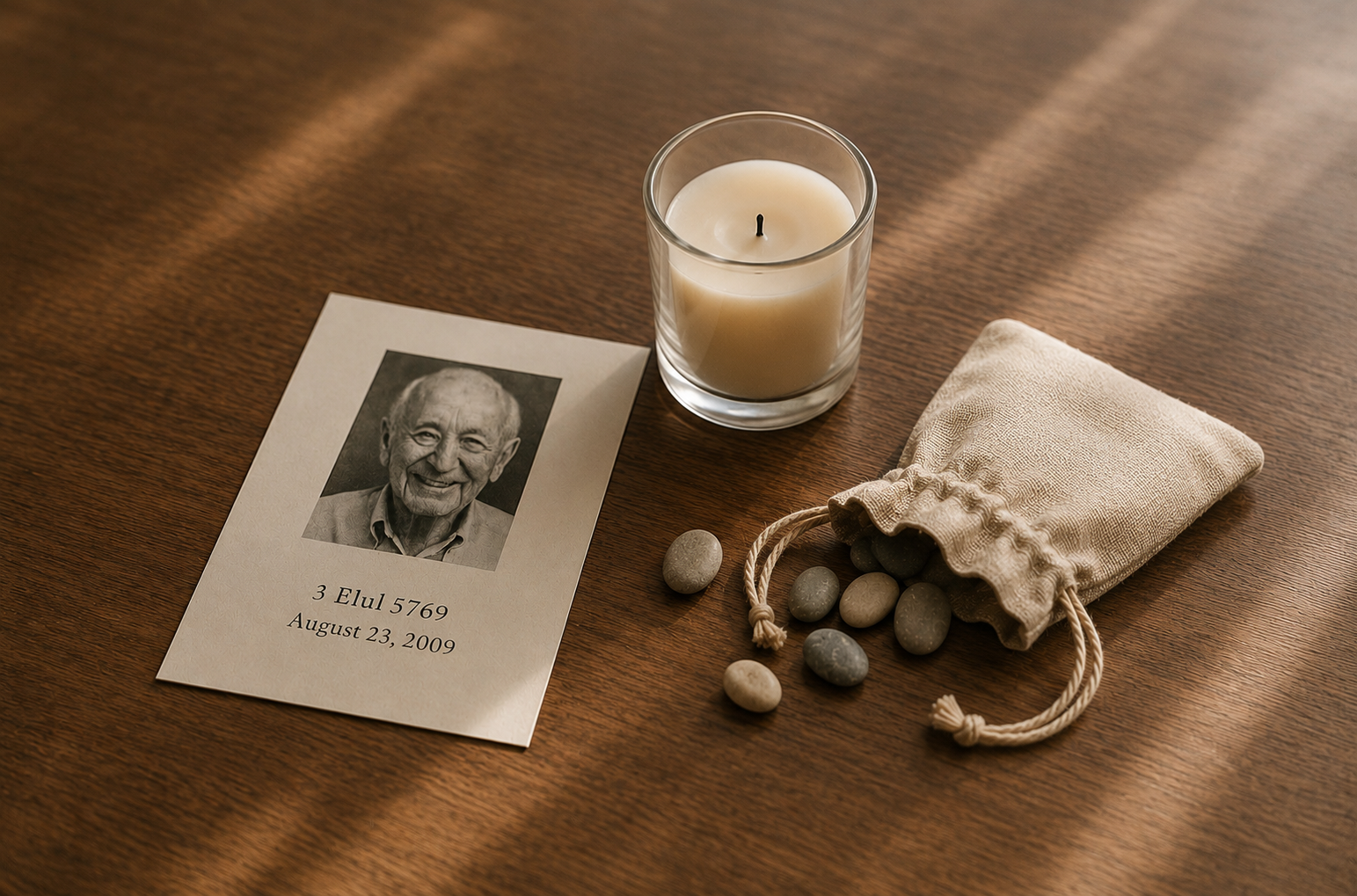 The annual remembrance card with photograph and dates, beside a fresh candle ready to be placed in the stone.