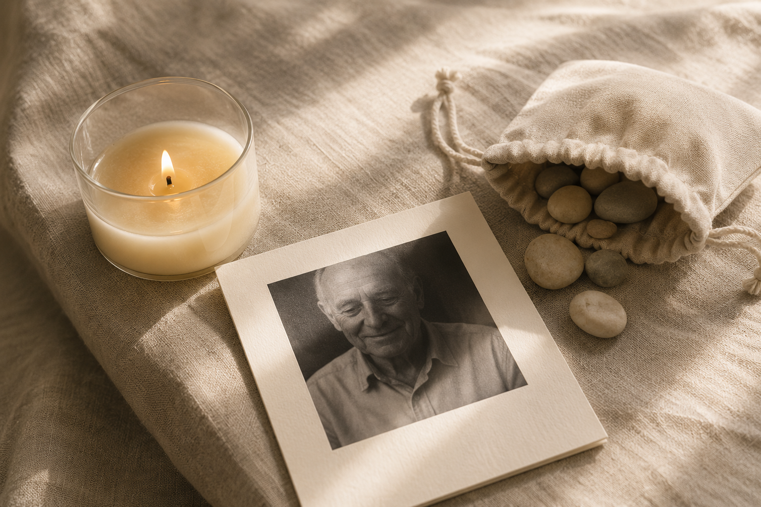 The stone with lit candle beside a photograph and linen bag of Jerusalem pebbles.
