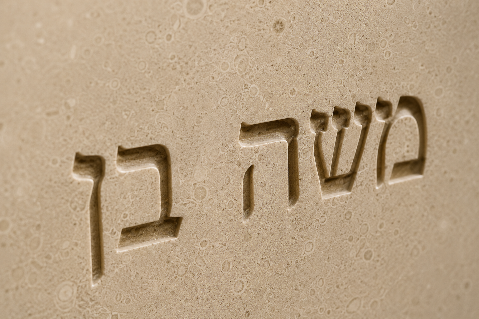 Macro of deeply carved Hebrew letters in Jerusalem limestone, sidelit to show depth.
