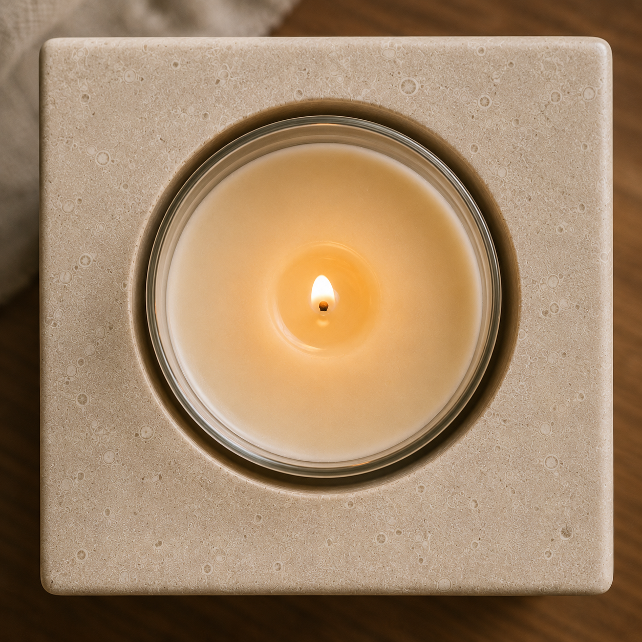 Close-up of the glass candle sleeve seated precisely in the stone's cylindrical well.