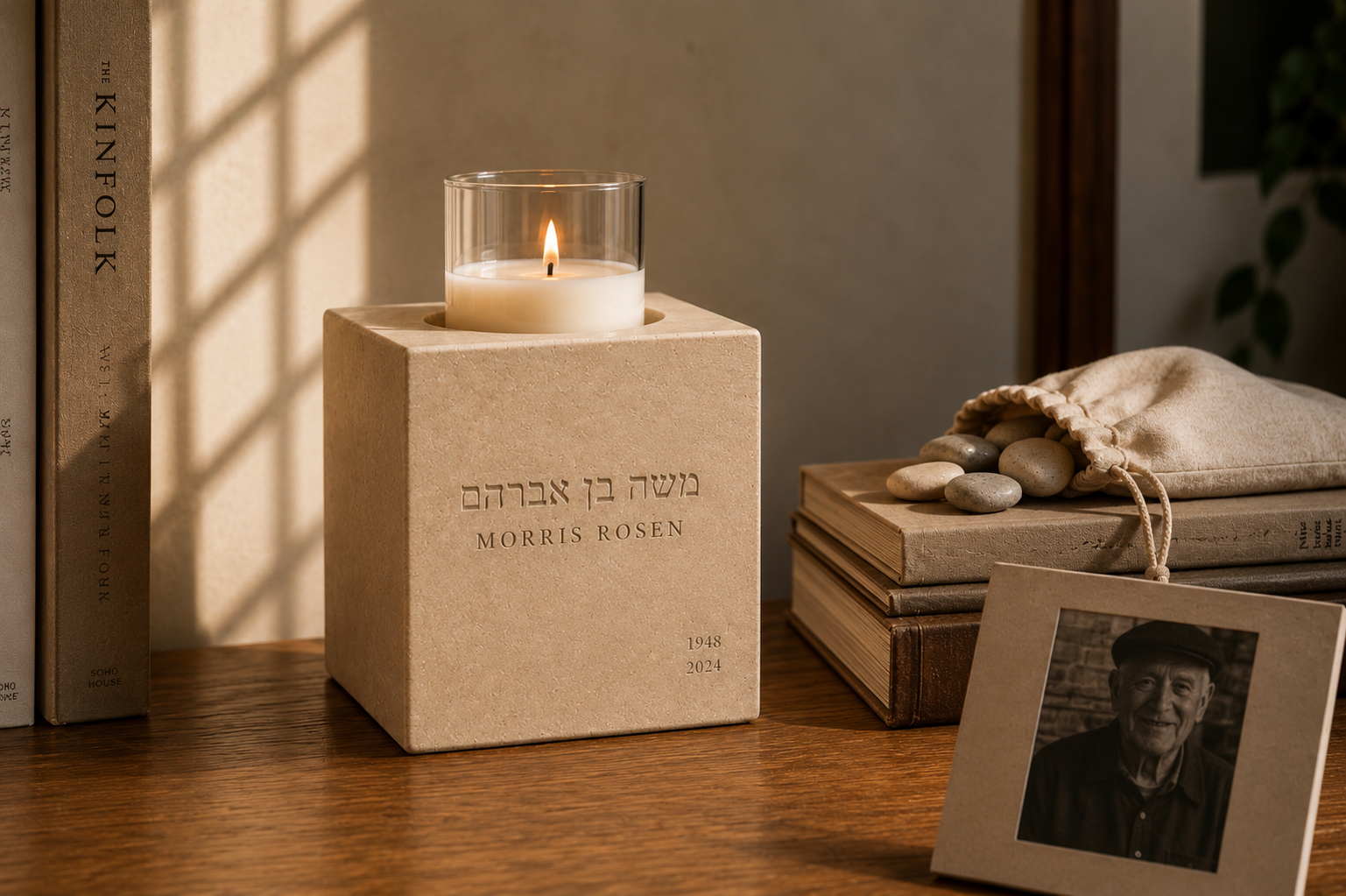 The Neshama Stone — a hand-engraved Jerusalem limestone memorial holding a lit yahrzeit candle, on a warm oak shelf beside books and a photograph.